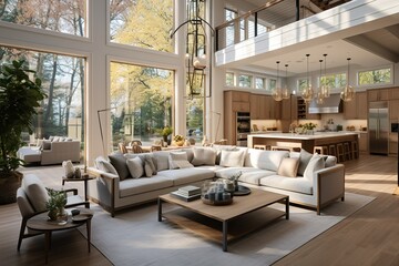 Harmonious haven living room interior in new modern home with open concept floor plan. Shows kitchen, dining room, and wall of windows with amazing exterior