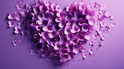  a heart shaped arrangement of purple flowers on a purple background.  generative ai