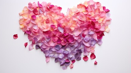  a heart shaped arrangement of pink and purple petals on a white background.  generative ai