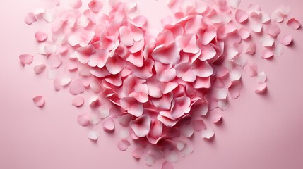  a heart shaped arrangement of pink petals on a pink background.  generative ai