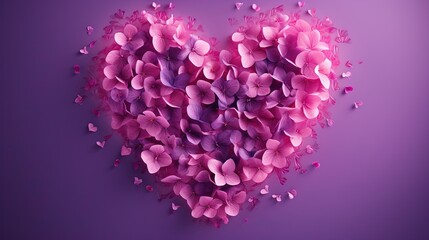  a heart shaped arrangement of pink flowers on a purple background.  generative ai