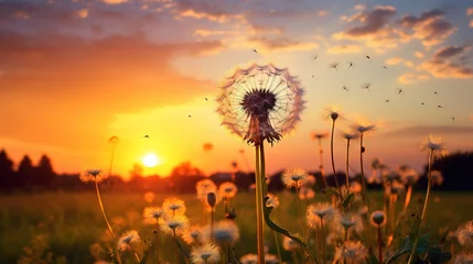 Fotobehang  a dandelion in a field with the sun setting in the background.  generative ai © Shanti