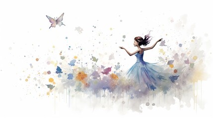  a woman in a blue dress is flying a butterfly in the air.  generative ai