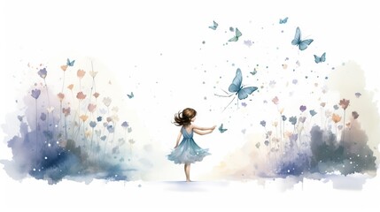 Fototapeta na wymiar a little girl in a blue dress holding a butterfly in her hand. generative ai