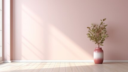  a pink vase with a plant in it on a wooden floor.  generative ai