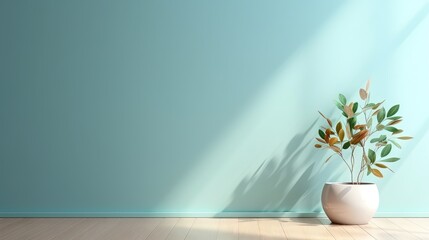  a potted plant sitting on a wooden floor in front of a blue wall.  generative ai