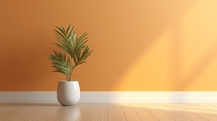 Fototapeta na wymiar a plant in a white vase on a wooden floor in front of an orange wall. generative ai