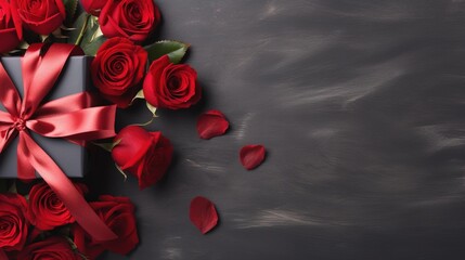  a gift box with a red ribbon and a bunch of red roses.  generative ai