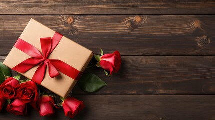  a gift box with a red ribbon and two roses on a wooden table.  generative ai