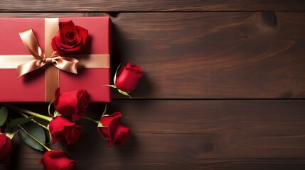 Naklejka na ściany i meble a red gift box with a bow and a bunch of red roses. generative ai