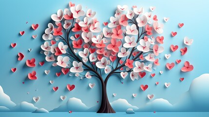  a tree with many hearts on it in the snow with a sky background.  generative ai