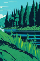 Forest lake landscape. AI generated illustration