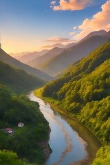 Obraz premium River flow. Mountains landscape. AI generated illustration