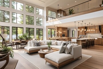 Beautiful modern living room interior in new luxury home with open concept floor plan. Shows kitchen, dining room, and wall of windows with amazing exterior