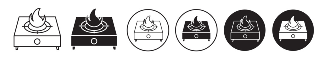 Gas stove with fire vector icon set. commercial kitchen burner or stove  vector symbol in black color in fill and line style.