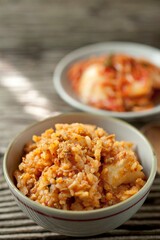 Savory Fusion: Close-Up of Kimchi Fried Rice, a Delectable Blend of Flavors, Captured in 4K Resolution