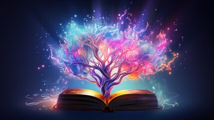  an open book with a colorful tree on top of it.  generative ai