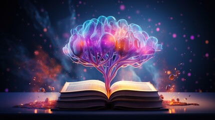  an open book with a glowing brain on top of it.  generative ai