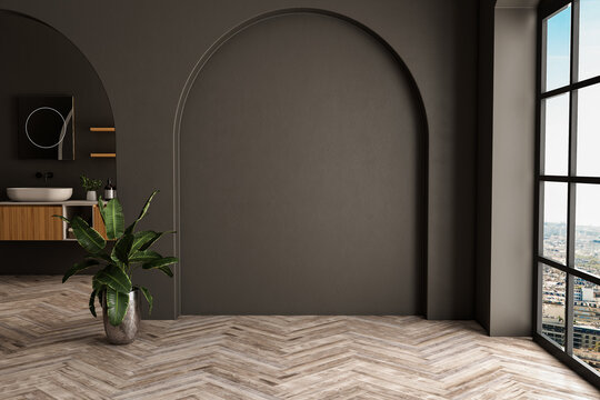 Modern bathroom interior with blank wall, bathtub, parquet floor, black walls, arches, plants  3d Rendering