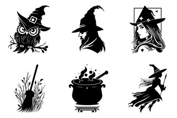 Funny owl, wizard, witch, magic pot and broom - Halloween graphics set, black and white, isolated