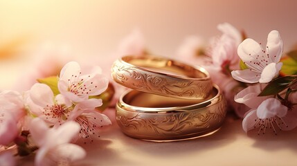 Fototapeta na wymiar two gold wedding rings sitting on top of each other next to flowers. generative ai