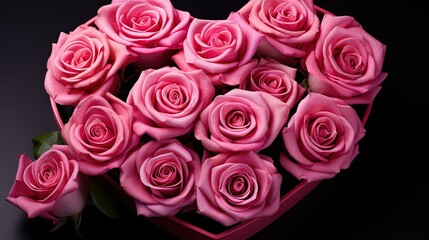  a heart shaped box filled with pink roses on a black background.  generative ai