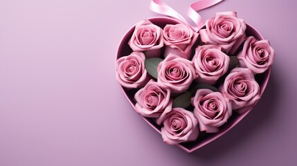  a heart shaped box filled with pink roses on a purple background.  generative ai