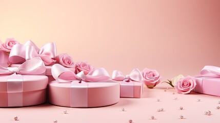  a group of pink gift boxes with pink roses on them.  generative ai