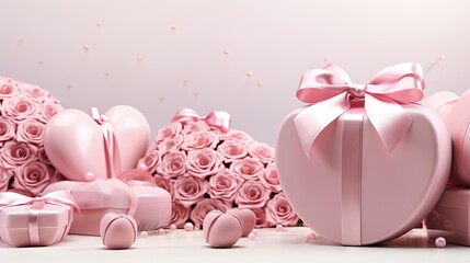  a pink heart shaped box surrounded by pink roses and other pink gifts.  generative ai