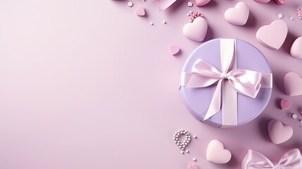  a purple box with a bow and hearts on a pink background.  generative ai