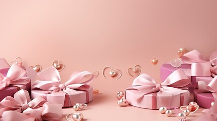  a bunch of pink presents with bows and hearts on them.  generative ai