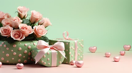  a green box with pink roses and a bow on it.  generative ai