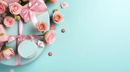  a pink gift box with pink roses on a blue background.  generative ai