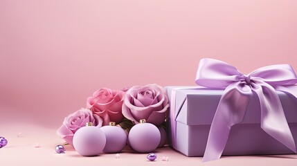 a purple gift box with pink roses and a purple bow.  generative ai