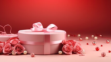  a pink gift box with a pink ribbon and pink roses.  generative ai