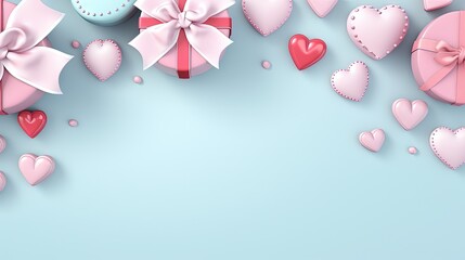 a blue background with pink hearts and a pink bow and a clock.  generative ai