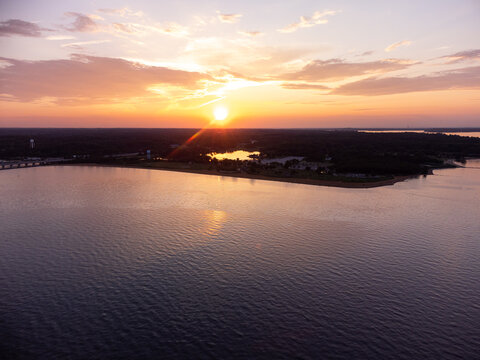 An aerial photo of Sandy Point State Park in Maryland during sunset.