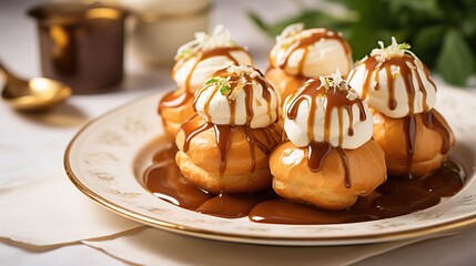  a plate of desserts covered in chocolate sauce and drizzled with icing.  generative ai