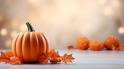  a small pumpkin sitting on top of a table next to orange leaves.  generative ai