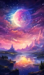 Anime Pink Sky with Clouds and Crescent Moon