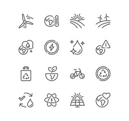 Set of eco related icons, global warming, recycling, sustainability, energy saving, climate change, air pollution and linear variety symbols.