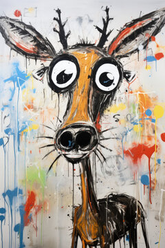 Funny expressionist deer cartoon illustration made with Generative AI