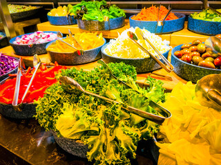 Vegetarian culinary buffet. Cuisine culinary buffet vegetarian restaurant. cold appetizers and vegetables salats. at catering event on some festive event, party or wedding.