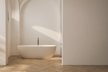 Bright bathroom interior with bathtub, parquet floor. 3d rendering