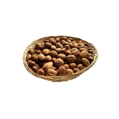 Dried nuts in wicker bowl isolated object top view, soft focus clipping path, pistachio, hazelnuts, walnuts, healthy raw food organic diet concept