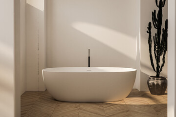 Naklejka na ściany i meble Bright bathroom interior with bathtub, parquet floor. 3d rendering
