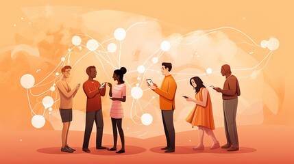  a group of people standing around each other looking at their phones.  generative ai