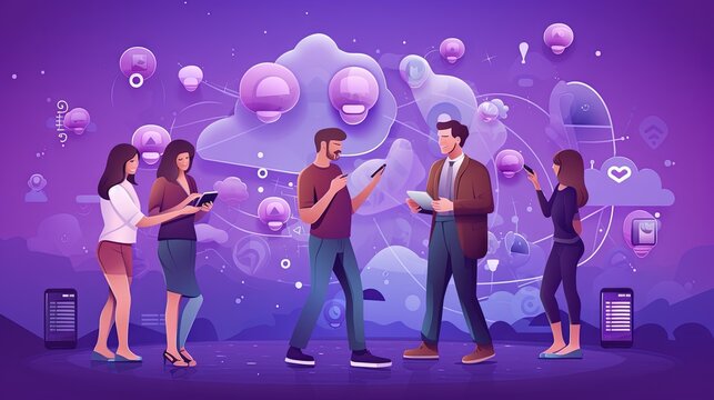  a group of people standing in front of a purple background.  generative ai