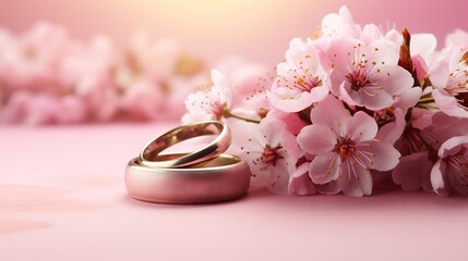  a couple of wedding rings sitting on top of a pink flower.  generative ai
