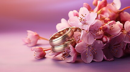  two gold wedding rings surrounded by pink flowers on a purple background.  generative ai